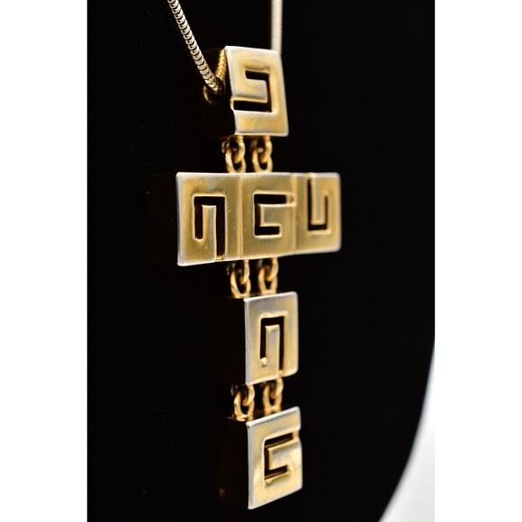 Givenchy Vintage Cross Necklace G Logo Chunky Gold Unisex Signed AS IS 80s Bin7A - Picture 5 of 12